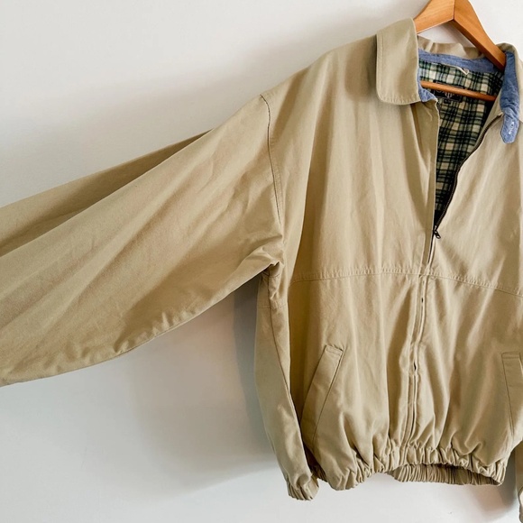 90s Men's Gant Jacket Peached Windcheater Beige with Denim Collar Trim Cotton|XL - Picture 4 of 6